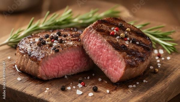 Obraz Grilled Steak with Spices and Fresh Rosemary on a Wooden Cutting Board