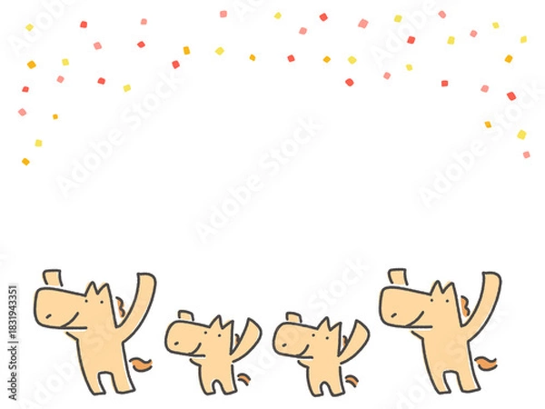 Obraz 並んで万歳をする4頭の馬の親子キャラクターとカラフルな紙吹雪のフレーム