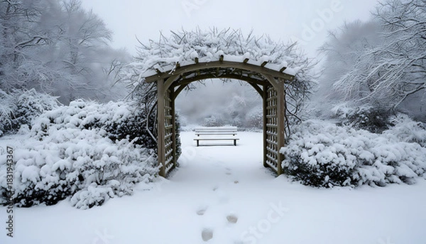 Obraz Snow covered wooden arbor in a winter wonderland park scene with bench and tracks leading through