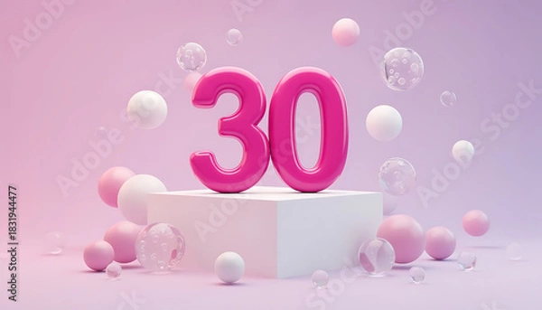 Obraz Thirty Celebration Concept with Pink Numbers and Bubbles on a White Pedestal