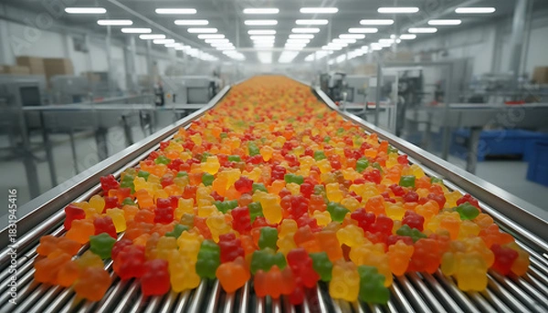 Obraz Conveyor Belt Filled with Colorful Gummy Bears in Food Processing Plant