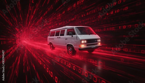 Obraz Futuristic white van traveling through a red tunnel of digital binary code, with a glow effect and a dark background.