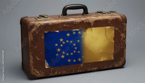 Obraz Vintage Suitcase With Torn Flag of the European Union on a Gray Background