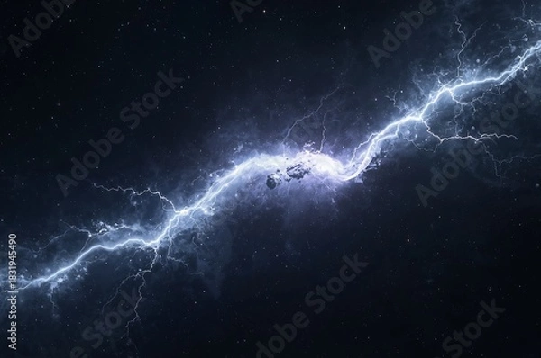 Obraz Cosmic lightning bolt illuminates deep space with electric blue energy and starry background