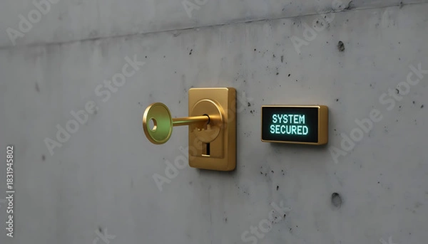 Obraz System Secured Concept with Key and Text on a Modern Wall, Digital Data Security and Protection
