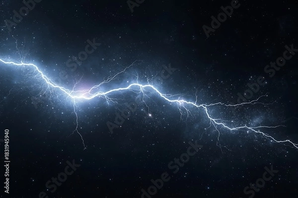 Obraz Powerful electric lightning bolt illuminating the dark night sky with a brilliant blue white flash