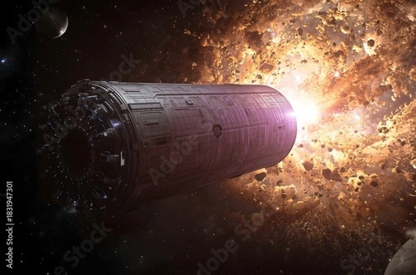 Obraz Massive cylindrical spacecraft navigates through a vibrant cosmic explosion in deep space