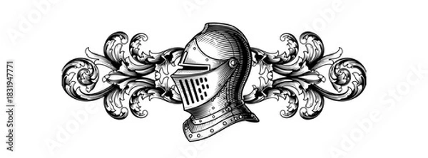 Obraz Rendered in a detailed engraving style, this illustration features a medieval knight's helmet in profile, majestically flanked by elaborate, symmetrical swirls of decorative acanthus leaf filigree