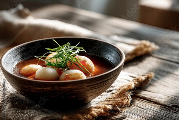 Obraz Warm bowl of tteokguk with sliced rice cakes and garnish, Korean New Year table