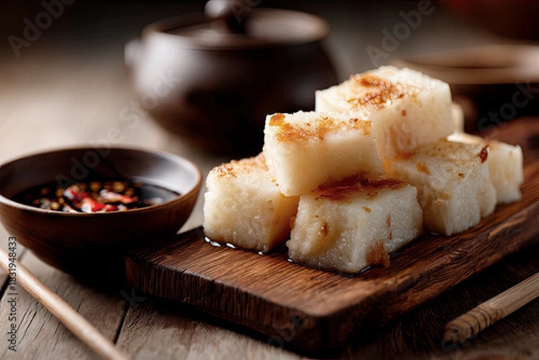 Obraz Slices of steamed turnip cake on a wooden board, soy dipping sauce nearby, simple Cantonese New Year atmosphere