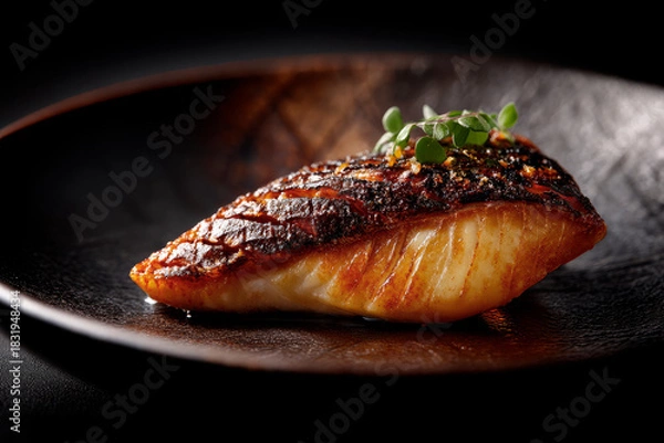 Obraz Japanese plating of tai fish grilled to perfection on black background