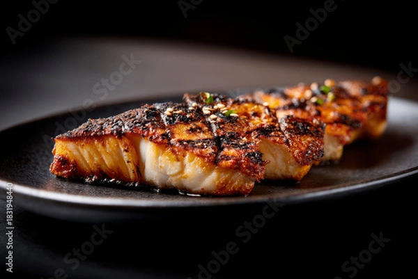 Obraz Japanese plating of tai fish grilled to perfection on black background