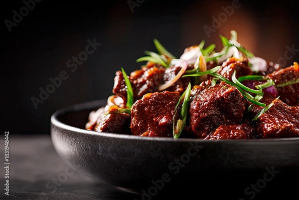 Obraz beef rendang with glossy rich sauce on black background