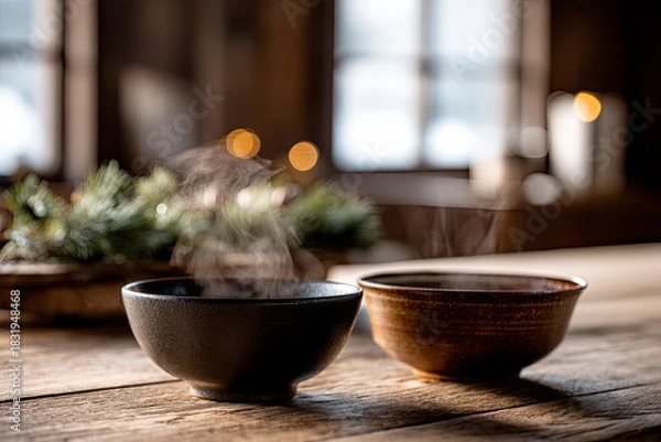 Obraz Toshikoshi soba in rustic ceramic bowls on rustic wooden table.Chinese decor background