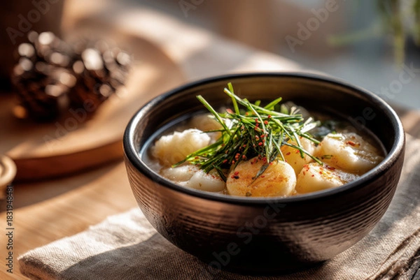 Obraz Warm bowl of tteokguk with sliced rice cakes and garnish, Korean New Year table