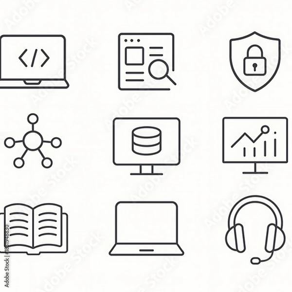 Fototapeta Digital World Elements: Collection of simple, clean, and modern icons representing diverse digital elements. Suitable for web design, app development, and related concepts.