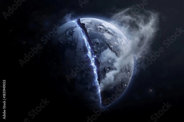 Obraz Dramatic depiction of earth shattering with a glowing blue crack and swirling smoke in the vastness of space
