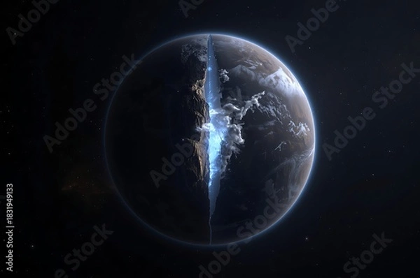 Obraz Futuristic earth illuminated by a powerful blue energy beam splitting the planet s surface