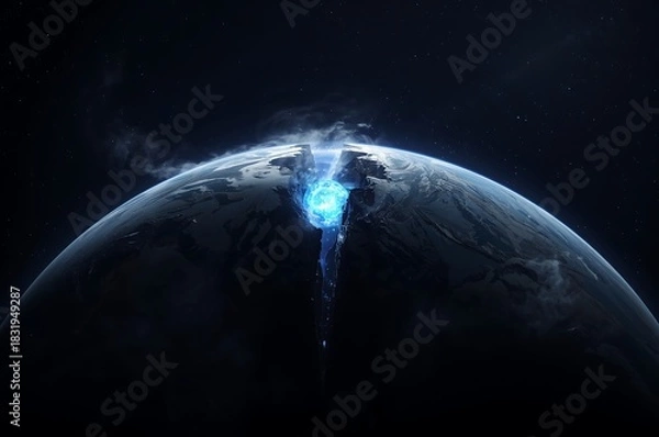 Obraz Mysterious blue energy erupts from the surface of a dark alien planet in deep space