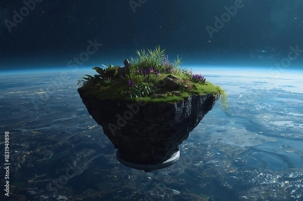 Obraz A lush floating island ecosystem suspended in the vastness of space above earth