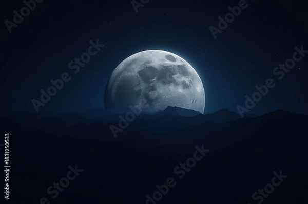 Obraz A luminous full moon emerges from behind a dark silhouetted mountain peak under a deep night sky