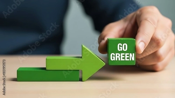 Fototapeta Sustainable business strategy man building a green arrow with go green block promoting environmental responsibility and eco friendly practices for a better future