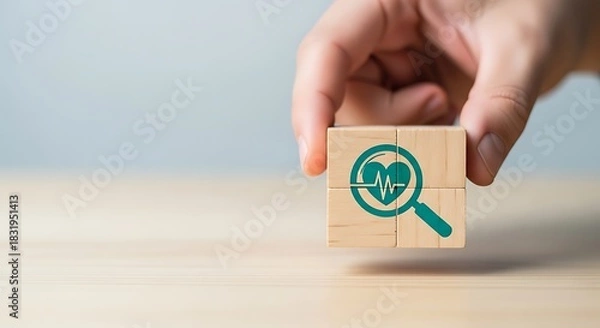 Fototapeta Hand holding wooden block with heart and magnifying glass symbolizing health checkup and medical research for cardiovascular wellness and disease prevention