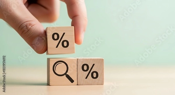 Fototapeta Hand placing percentage symbol block on magnifying glass and percentage blocks for sale or discount research and analysis concept