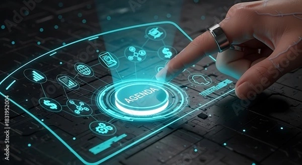 Fototapeta Futuristic technology interface with finger pressing button representing innovation automation and modern solutions for business and industry applications with glowing icons