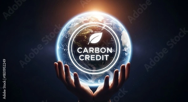 Fototapeta Hands holding a glowing earth globe with carbon credit text symbolizing environmental sustainability and carbon offset programs for a greener future