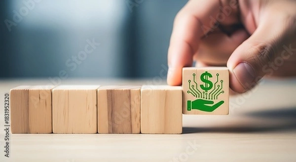 Fototapeta Building wealth and financial security a hand placing a dollar sign block to complete a stack of wooden cubes