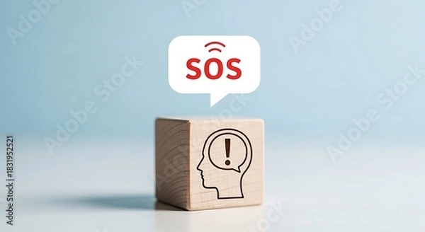 Fototapeta Sos message from the mind wooden block with exclamation point head and sos speech bubble representing mental distress and the need for help