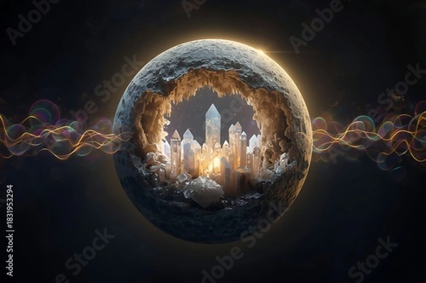 Obraz Enigmatic futuristic cityscape encased within a glowing orb against a cosmic backdrop