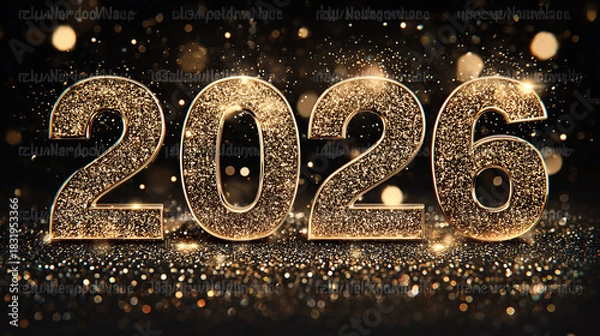 Fototapeta Sparkling golden numbers 2026 shimmer against a dark, festive background with bokeh lights.