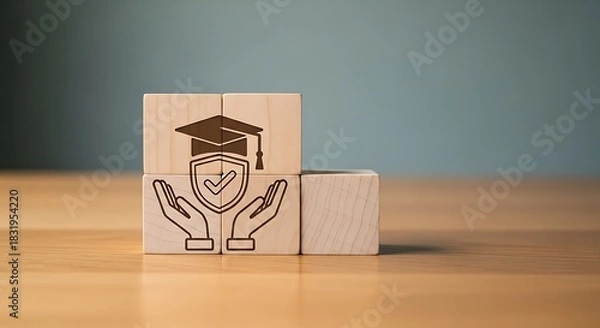 Fototapeta Education investment protection concept with wooden blocks featuring graduation cap and shield representing secure future and financial planning