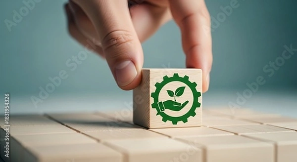Fototapeta Sustainable industry and eco friendly manufacturing hand placing a wooden block with green gear and plant icon on a stack of blocks