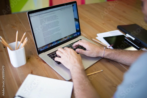 Obraz Man business planning expert working on laptop computer. Male content writer for financial  presentation using modern notebook. Hipster guy skilled e-book writer using net-book, sitting at desktop