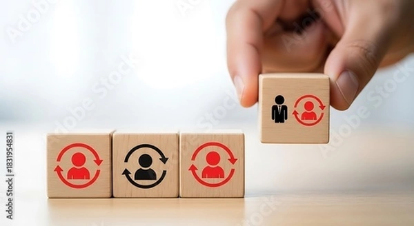 Fototapeta Hand placing wooden block with person icon and arrow representing employee turnover recruitment or career change concept in business