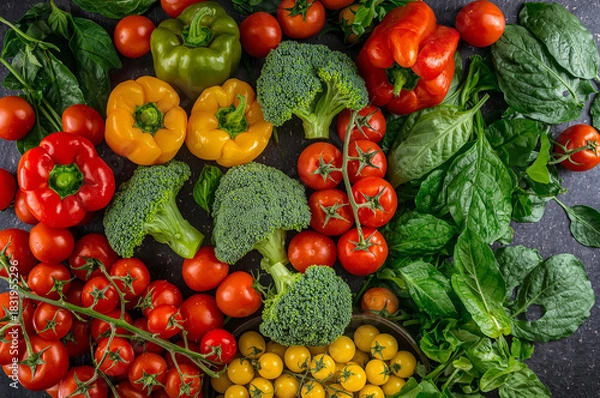 Obraz Fresh vegetables: broccoli, spinach, peppers, tomatoes, flat lay 