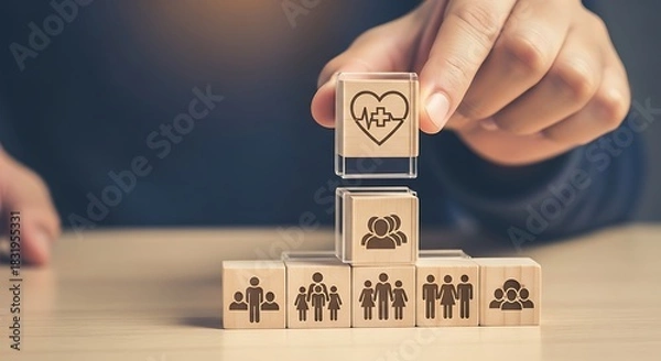 Fototapeta Building a foundation of love and family wooden blocks representing relationships and support systems for a stronger future together