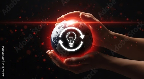 Fototapeta Hands holding globe with lightbulb icon symbolizing innovation renewable energy and sustainable solutions for a brighter eco friendly future in technology