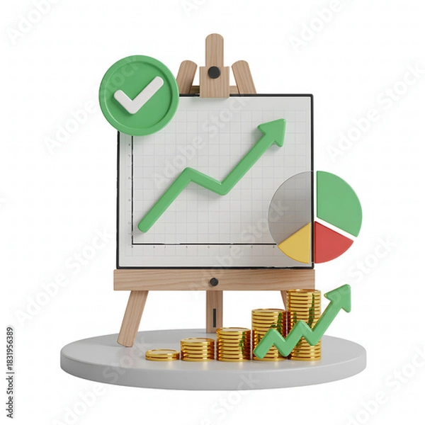 Fototapeta 3D Illustration of Business Growth Chart with Coins and Checkmark
