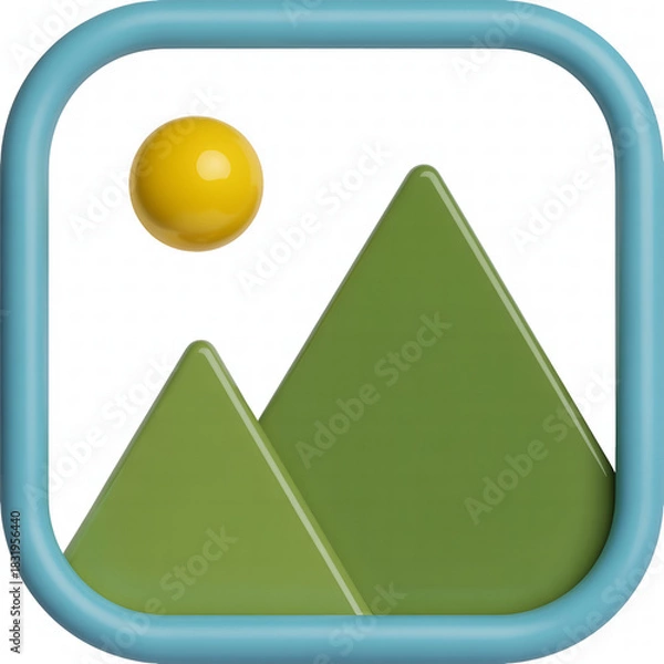 Fototapeta 3D Icon of a Landscape with Mountains, Sun, and a Blue Frame