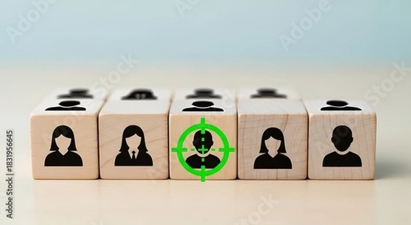 Fototapeta Wooden blocks displaying human silhouettes one highlighted with a green target representing recruitment talent acquisition and focused selection process