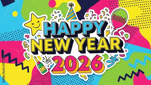 Obraz Vibrant Retro 2026 Celebration Poster with Zig Zag Patterns and Floating Pop-Graphics Stickers