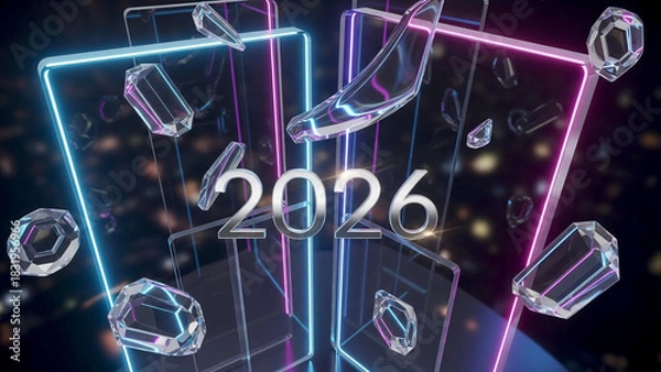 Obraz Futuristic 2026 New Year Composition with Neon Lights, Glass Panels, and Silver Typography