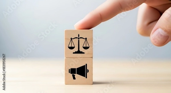 Fototapeta Promoting justice and fairness a hand pushes a block with scales and megaphone symbols for legal advocacy and fair representation