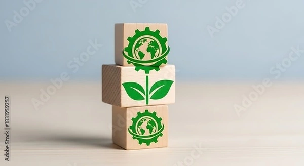 Fototapeta Sustainable development concept wooden blocks stacked with green ecology icons representing environmental protection and renewable energy for a greener future
