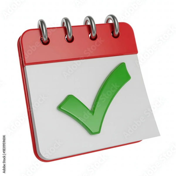 Fototapeta A red and white calendar with a green checkmark on a white background