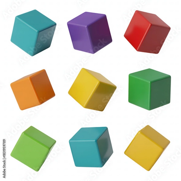Fototapeta Nine brightly colored cubes arranged in a 3x3 grid on a white background